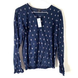 Ann Taylor Midnight Navy Metallic Dot Blouse Smocked Cuff NWT